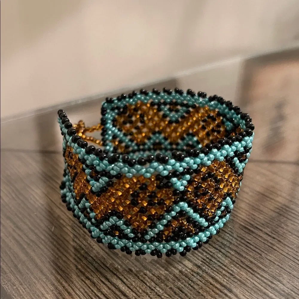 Miyuki Boho Beaded Bracelet – Turquoise & Amber Geometric Pattern Peyote Stitch
